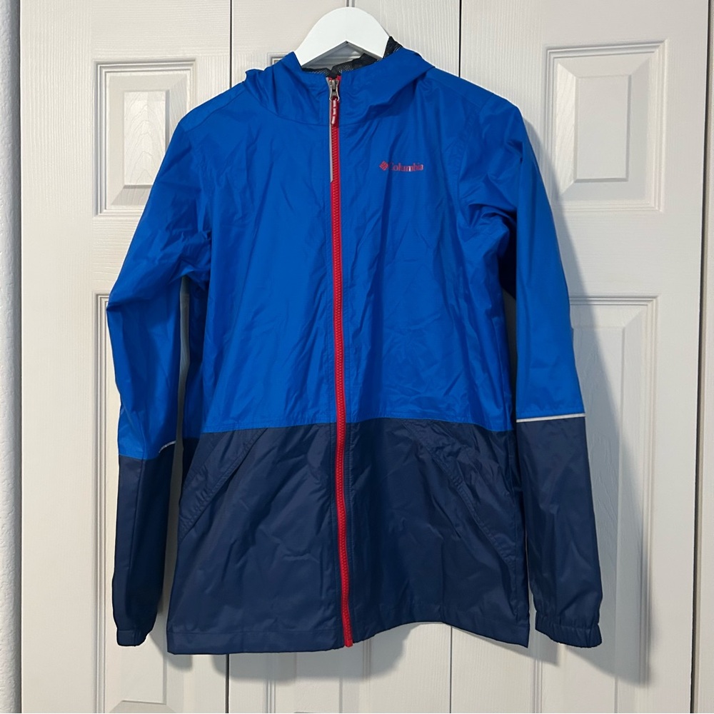 Columbia Blue Two Tone Hooded Wind Breaker Jacket Kids Sz X-Large Athletic Fall